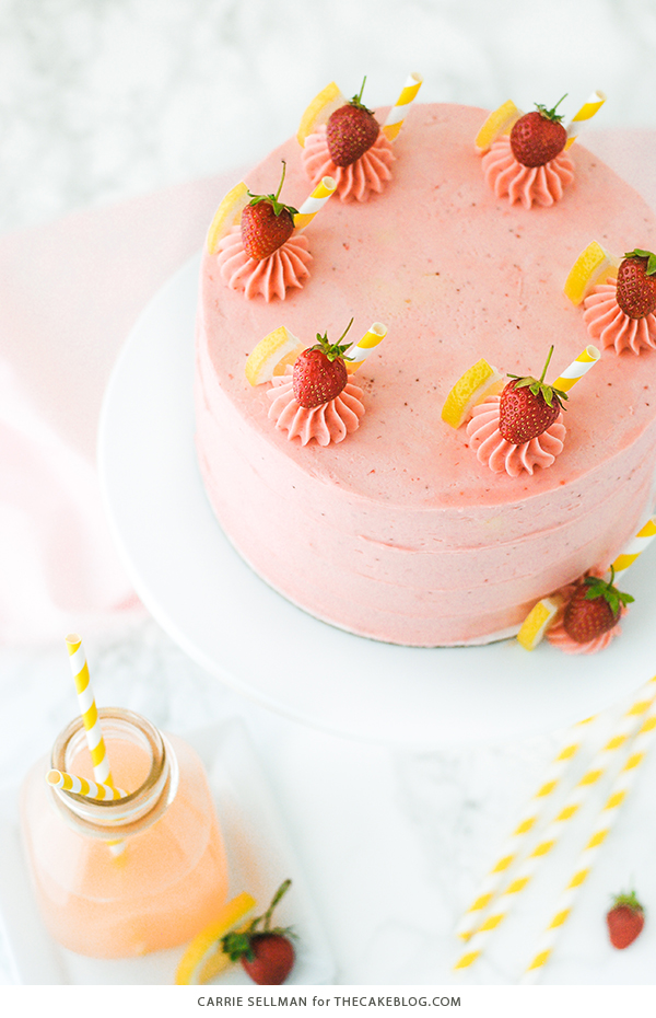 Strawberry Lemonade Cake - tender lemon cake paired with fresh strawberry buttercream | by Carrie Sellman for TheCakeBlog.com
