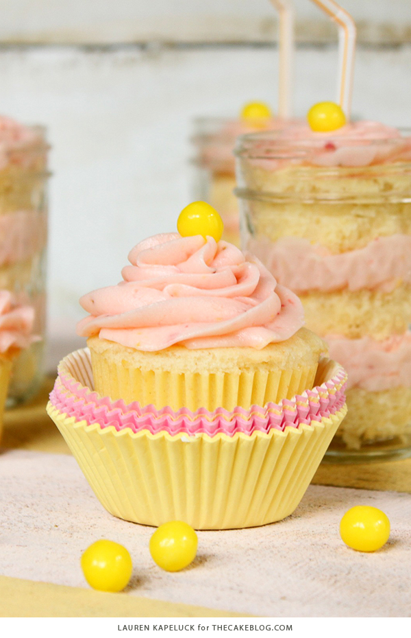 Strawberry Lemonade Cupcakes - moist lemon cupcakes paired with fresh strawberry buttercream for the perfect combination of sour and sweet | by Lauren Kapeluck for TheCakeBlog.com