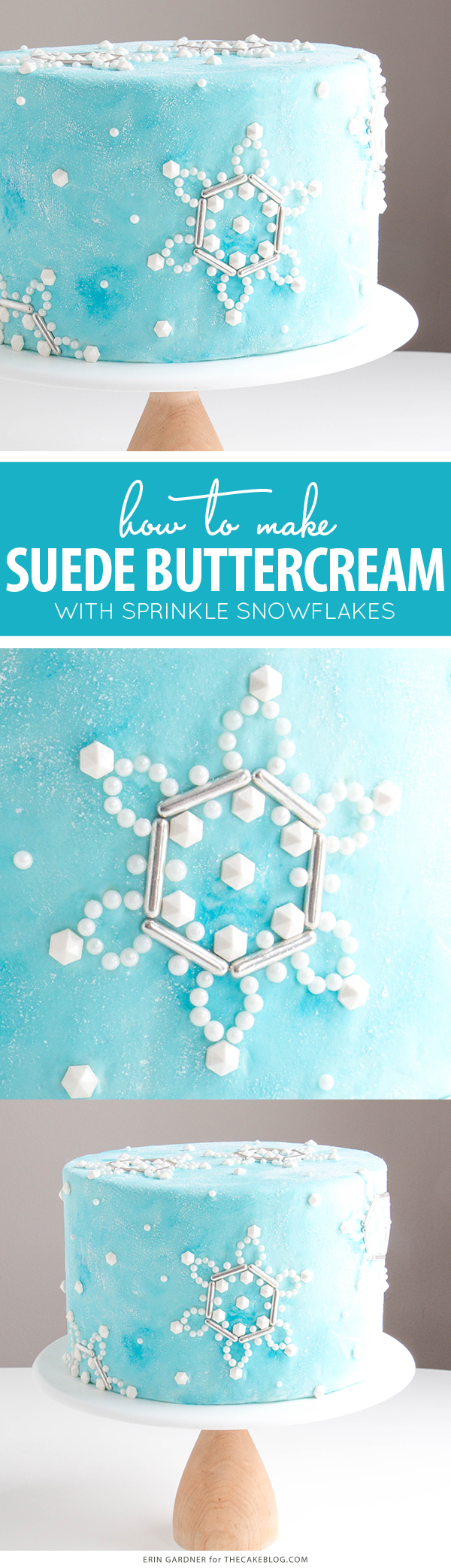 Sueded Buttercream Cake with Sprinkle Snowflakes | by Erin Gardner for TheCakeBlog.com #cake #winter #christmas #christmasdessert