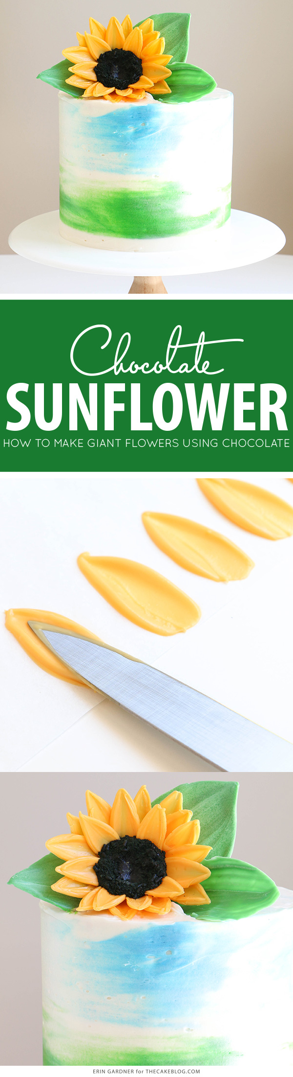 Sunflower Cake - how to make gorgeous sunflower cake decorations using melted chocolate | by Erin Gardner for TheCakeBlog.com
