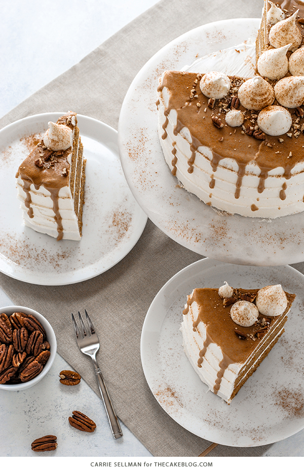 Sweet Potato Cake with marshmallow frosting, drippy maple glaze, chopped pecans and cinnamon | by Carrie Sellman for TheCakeBlog.com