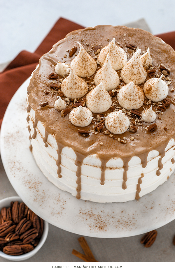 Sweet Potato Cake with marshmallow frosting, drippy maple glaze, chopped pecans and cinnamon | by Carrie Sellman for TheCakeBlog.com