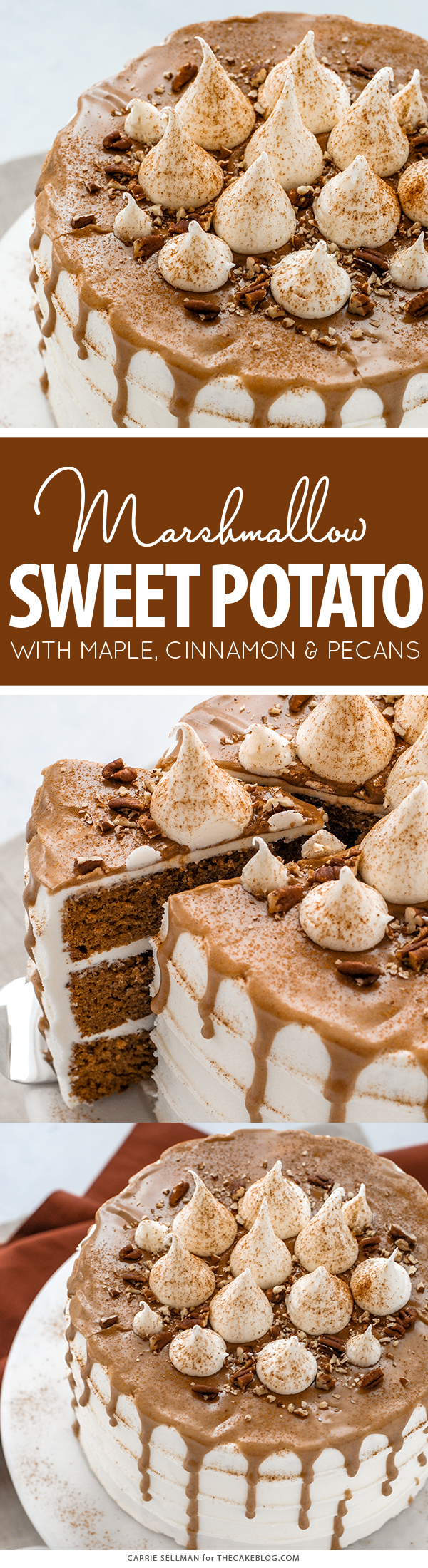 Sweet Potato Cake with marshmallow frosting, drippy maple glaze, chopped pecans and cinnamon | by Carrie Sellman for TheCakeBlog.com