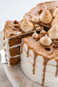 Sweet Potato Cake with marshmallow frosting, maple drip glaze, pecans and cinnamon | by Carrie Sellman for TheCakeBlog.com