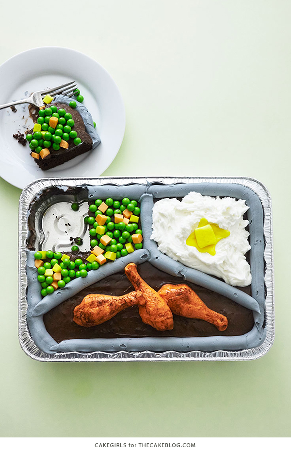 TV Dinner Cake - an easy and fun sheet cake for Father's Day and April Fools Day | by Cakegirls for TheCakeBlog.com #fathersday #sheetcake #cake #aprilfools #diy