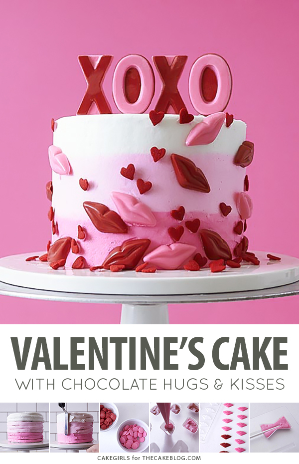 XOXO Valentine's Day Cake - how to make a pink ombre striped cake decorated with chocolate lips, hearts and an XOXO topper | by Cakegirls for TheCakeBlog.com